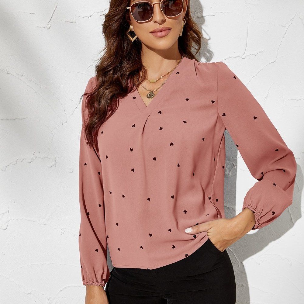 New Heart Print Bishop Sleeve Blouse Dusty Pink
